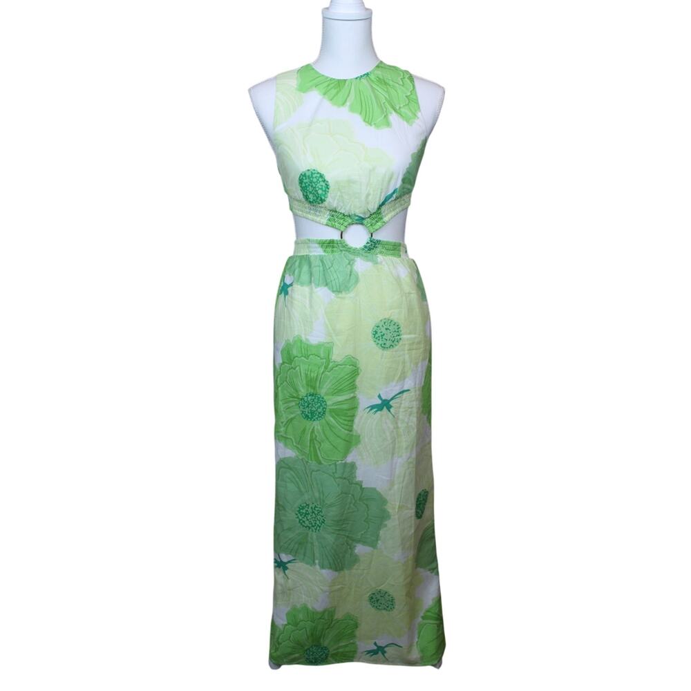 Sabo‎ Melita Green White Floral Halter Tropical Sexy Maxi Cutouts Dress Size 2